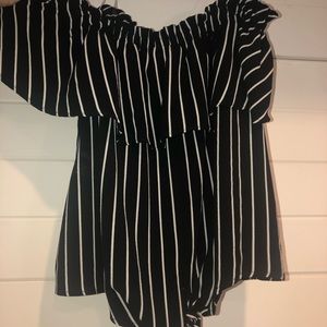 Black and white pinstripe off the shoulder top